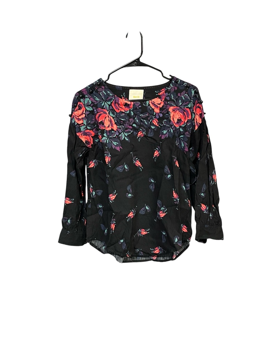 Maeve Anthropologie Floral Blouse Women’s XS Black Coral Purple Linen Blend Boho
